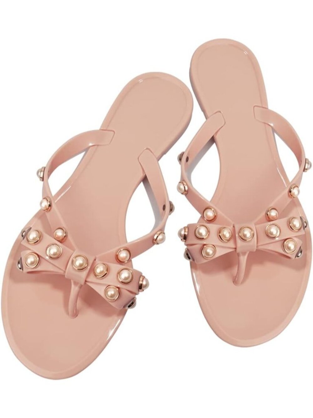 🆕Women's Nude Pink Rivet Flip Flops Studded Thong Sandals with Bow Flat Beach